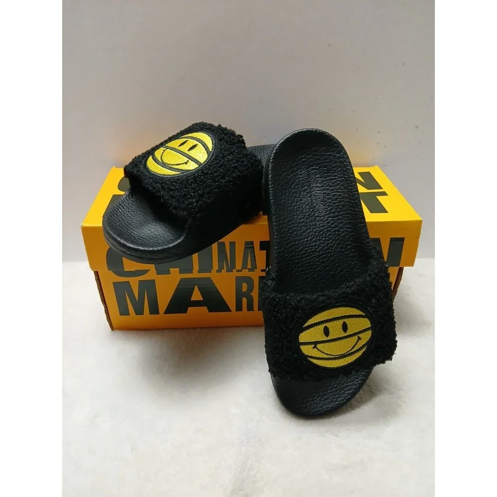 Chinatown Market Men Sandals Slides Smiley Sherpa‎ Ball Black Comfortable Size 4